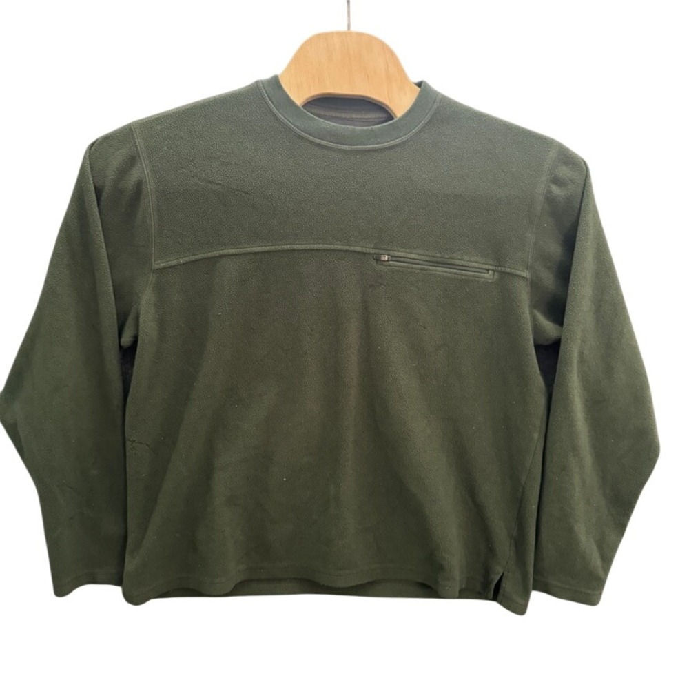 LL Bean Mens Large Green Fleece Crewneck Pullover Zipper Chest Pocket OHJX9